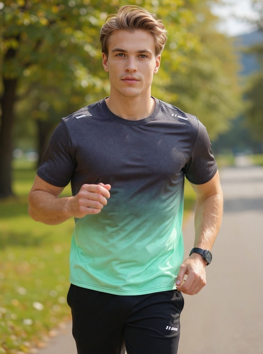 The man is wearing this T-shirt top, sports pants, without a hat, running in the park